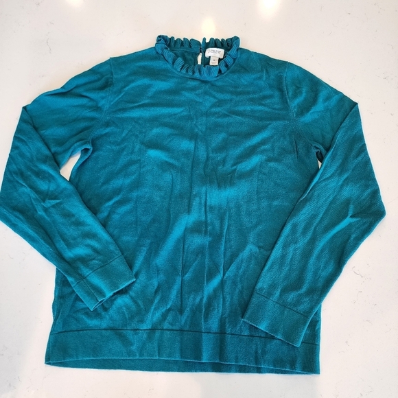 J. Crew 100% Cotton Sweater Teal Ruffle Neck Women's Medium M Keyhole Back EUC - Picture 1 of 9
